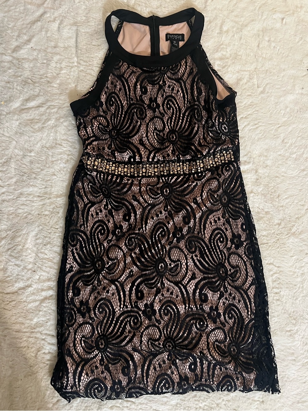 City Studio Black Lace Dress with Blush Lining and Jeweled Waist